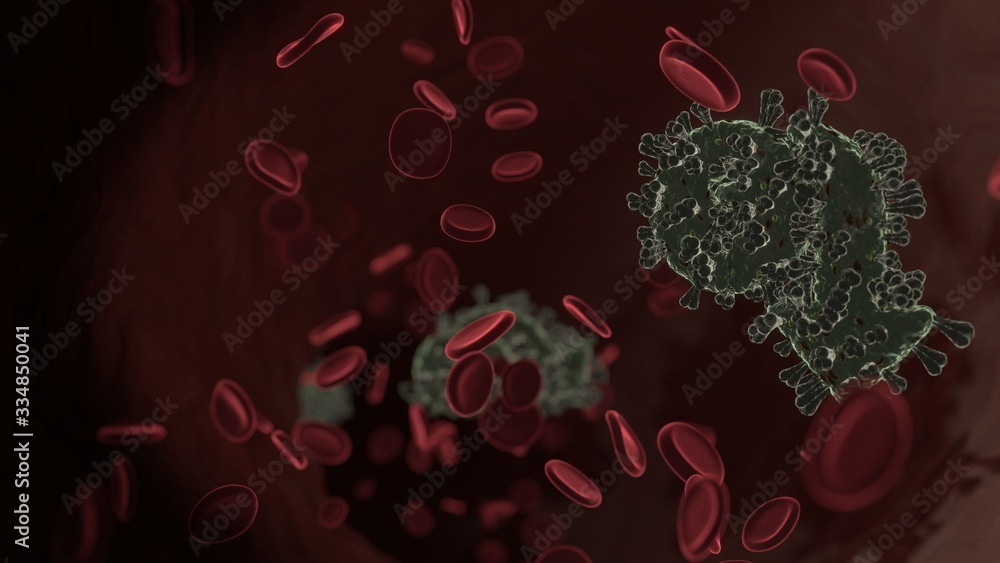Poster microscopic 3d rendering view of virus shaped as symbol of devaluation inside vein with red blood ce