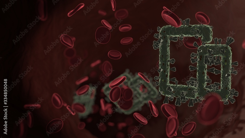 Poster microscopic 3d rendering view of virus shaped as symbol of devices inside vein with red blood cells