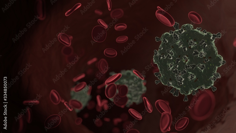 Aufkleber microscopic 3d rendering view of virus shaped as symbol of dharmachakra inside vein with red blood c