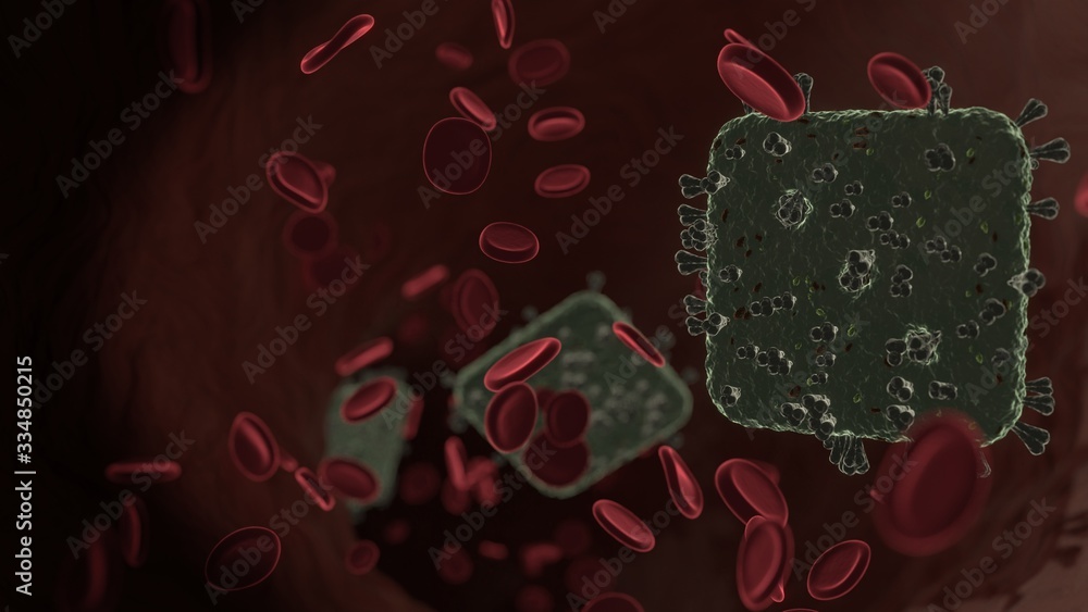 Poster microscopic 3d rendering view of virus shaped as symbol of dice three inside vein with red blood cel