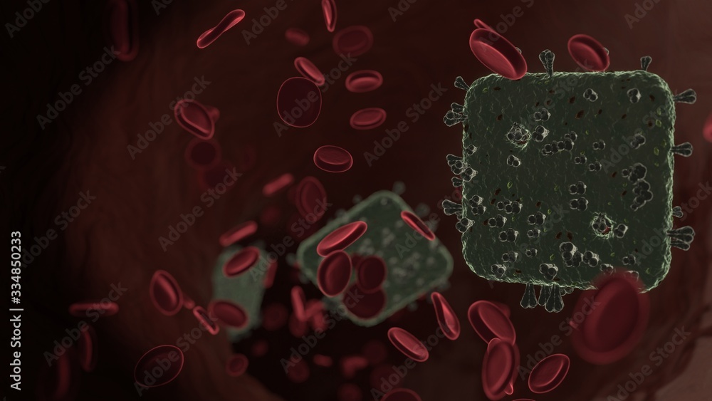 Poster microscopic 3d rendering view of virus shaped as symbol of dice two inside vein with red blood cells