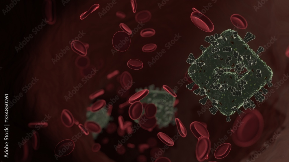 Poster microscopic 3d rendering view of virus shaped as symbol of directions inside vein with red blood cel
