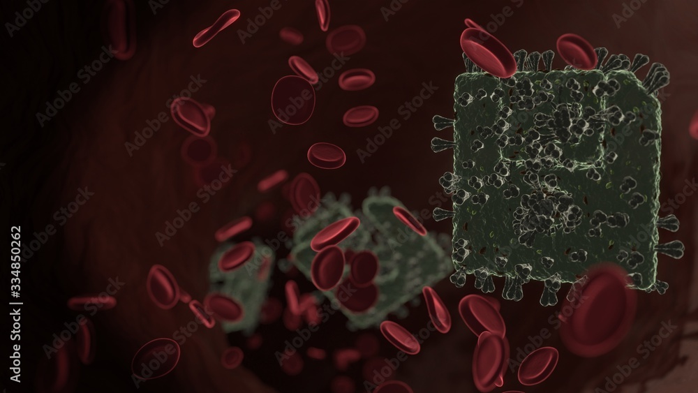 Poster microscopic 3d rendering view of virus shaped as symbol of diskette inside vein with red blood cells