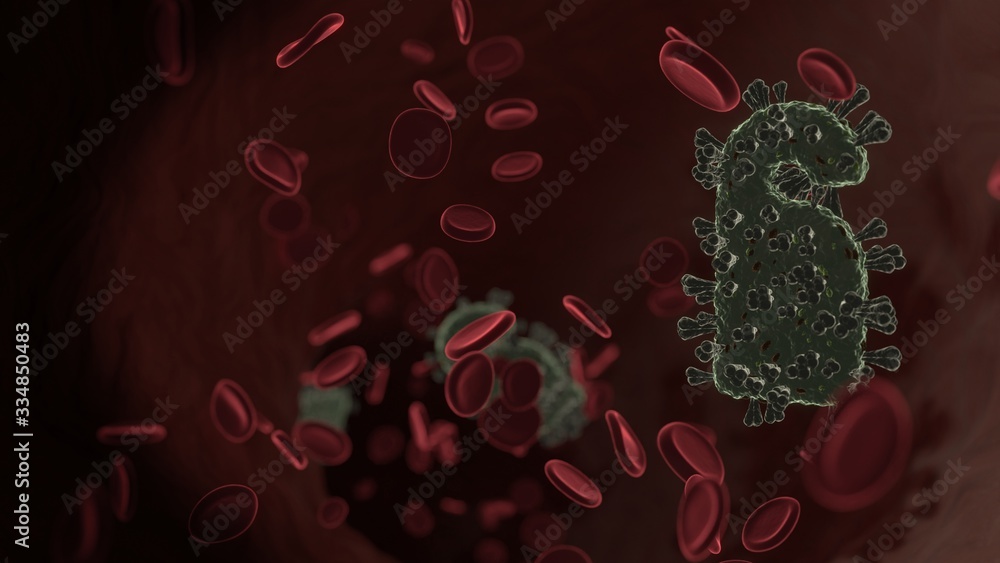 Poster microscopic 3d rendering view of virus shaped as symbol of do not disturb inside vein with red blood