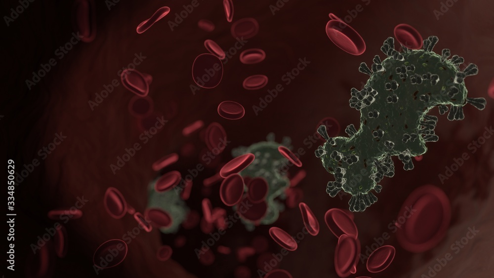 Poster microscopic 3d rendering view of virus shaped as symbol of drumstick bite inside vein with red blood