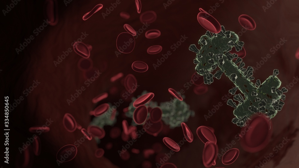 Poster microscopic 3d rendering view of virus shaped as symbol of dumbbell inside vein with red blood cells