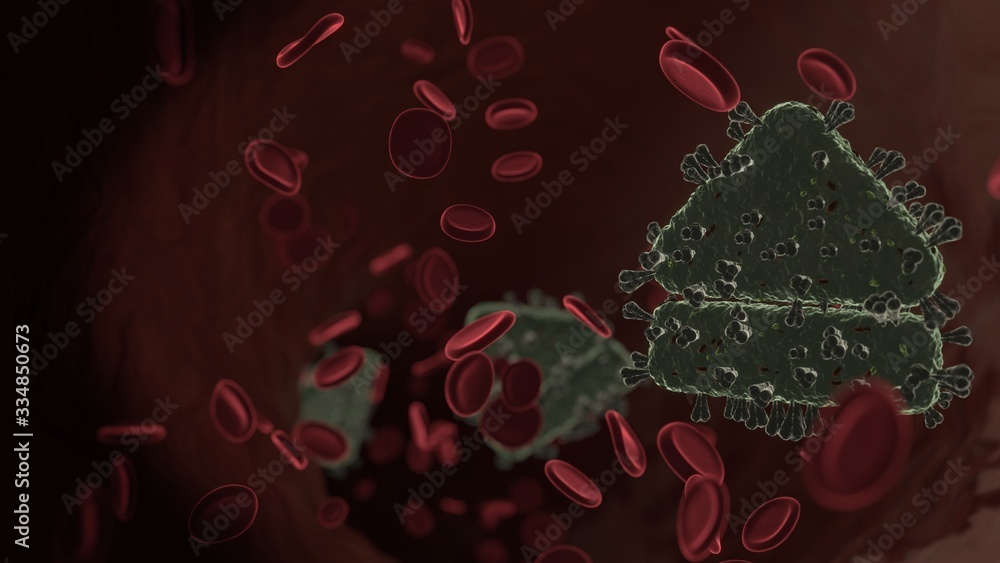 Poster microscopic 3d rendering view of virus shaped as symbol of eject inside vein with red blood cells