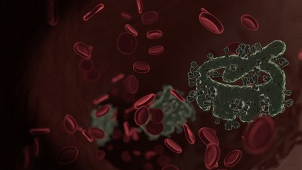 microscopic 3D rendering view of virus shaped as symbol of drum inside vein with red blood cells