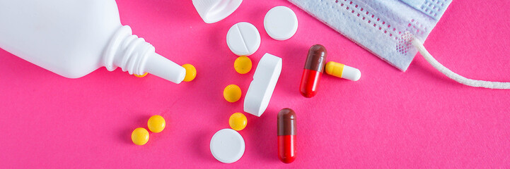 pills, different types of medicine for the disease, medical preparations.  increase immunity and prevention background top view. copy space for text