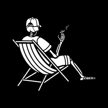 Skeleton in a cap with a cigarette on black background