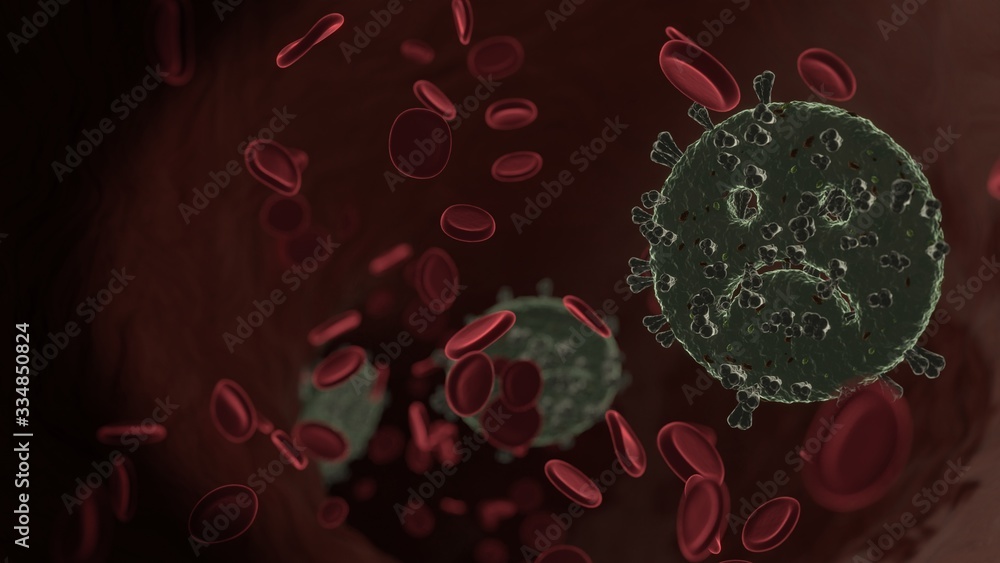 Poster microscopic 3d rendering view of virus shaped as symbol of emoticons sad inside vein with red blood 