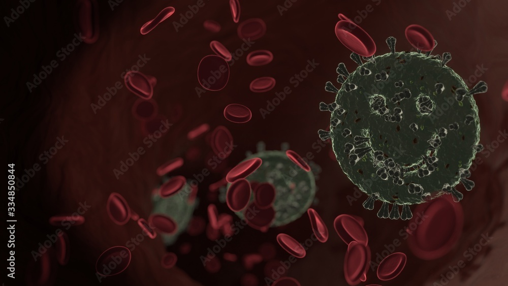 Poster microscopic 3d rendering view of virus shaped as symbol of emoticons smile inside vein with red bloo