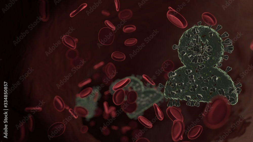 Poster microscopic 3d rendering view of virus shaped as symbol of employee inside vein with red blood cells