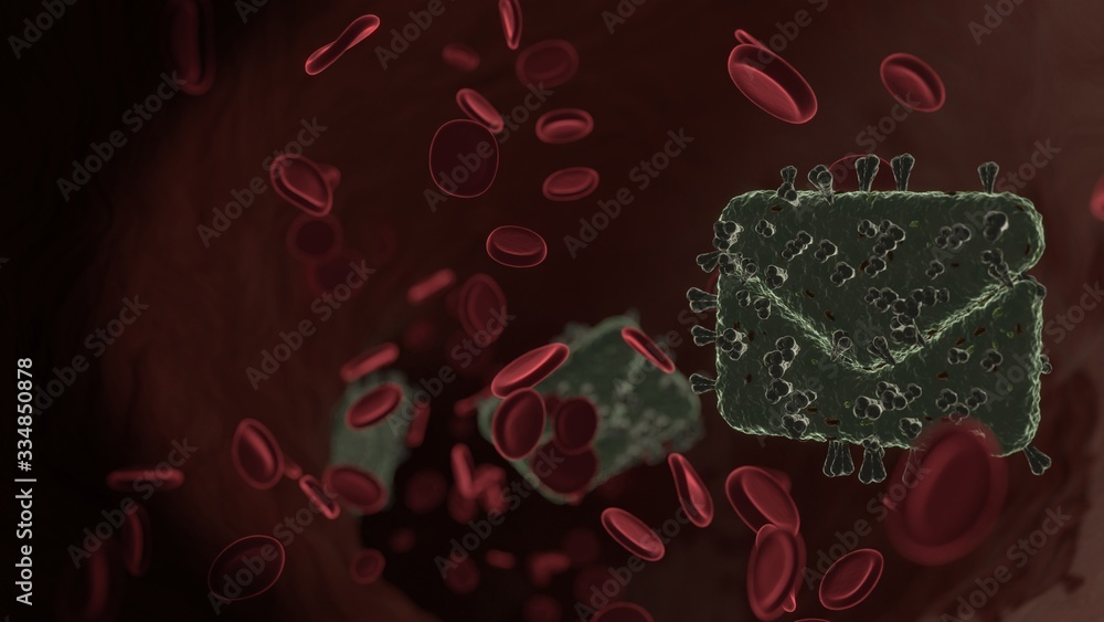 Poster microscopic 3d rendering view of virus shaped as symbol of envelope inside vein with red blood cells