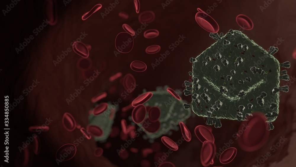 Poster microscopic 3d rendering view of virus shaped as symbol of envelope open inside vein with red blood 