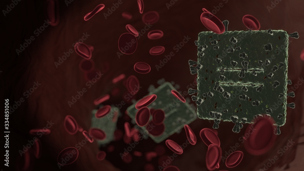 Poster microscopic 3d rendering view of virus shaped as symbol of equal inside vein with red blood cells