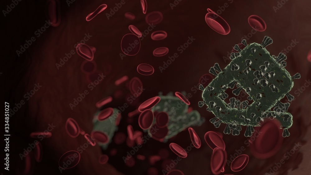 Poster microscopic 3d rendering view of virus shaped as symbol of eraser inside vein with red blood cells