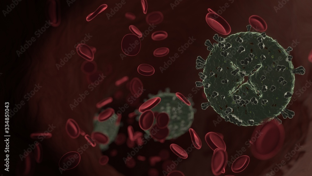Poster microscopic 3d rendering view of virus shaped as symbol of error inside vein with red blood cells