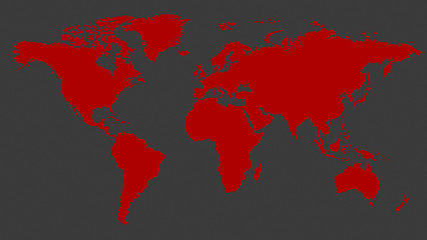 Red colored continents on dark grey background, world map flat illustration.