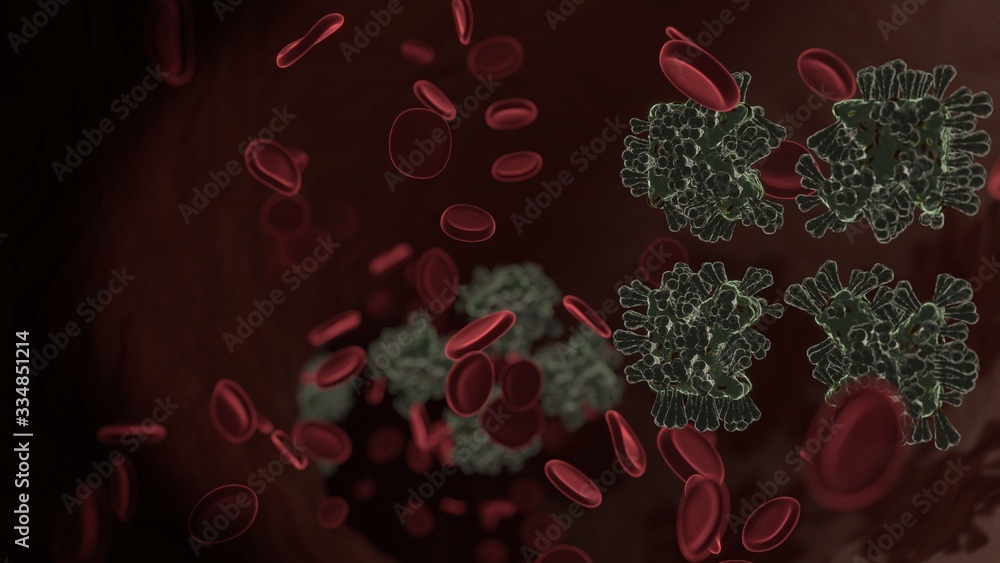 Poster microscopic 3d rendering view of virus shaped as symbol of expand inside vein with red blood cells