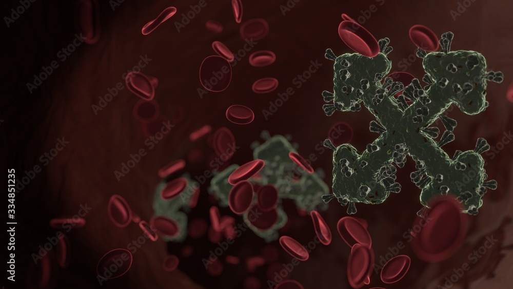Poster microscopic 3d rendering view of virus shaped as symbol of expand arrows inside vein with red blood 