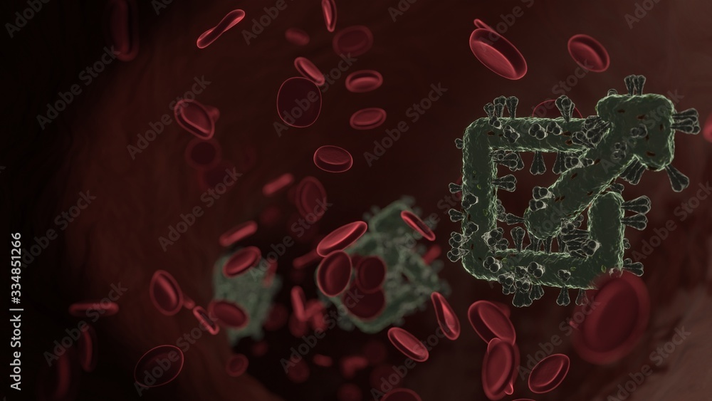Poster microscopic 3d rendering view of virus shaped as symbol of external link inside vein with red blood 