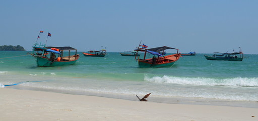 Koh Rong Cambodia Beach with typical local boats