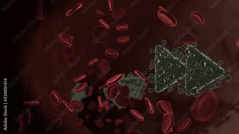 Poster microscopic 3d rendering view of virus shaped as symbol of fast forward inside vein with red blood c