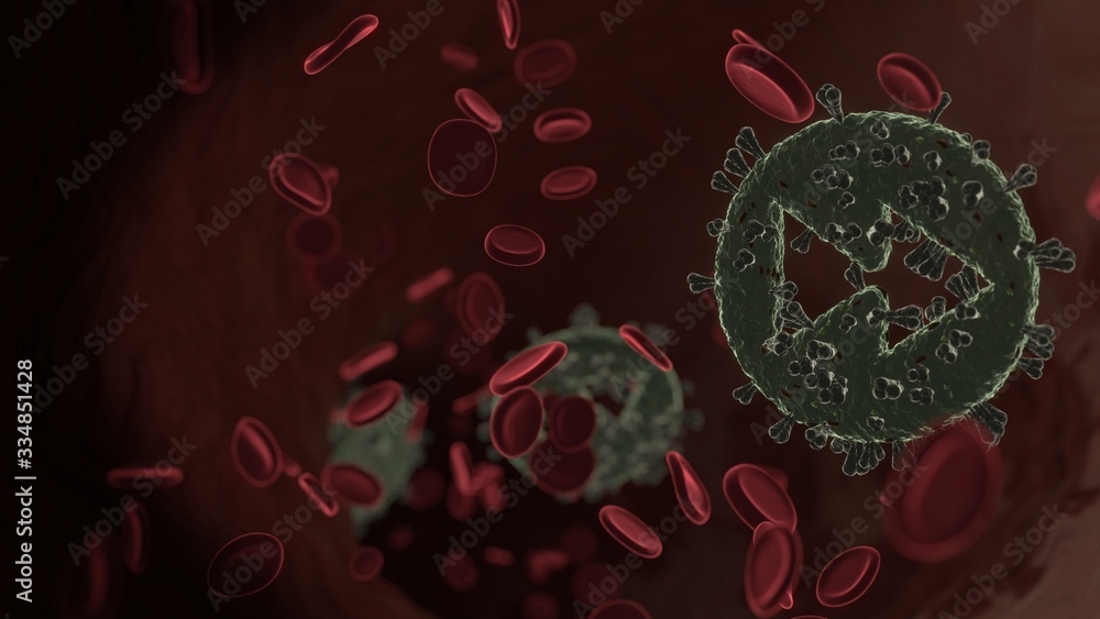 Poster microscopic 3d rendering view of virus shaped as symbol of fast forward inside vein with red blood c