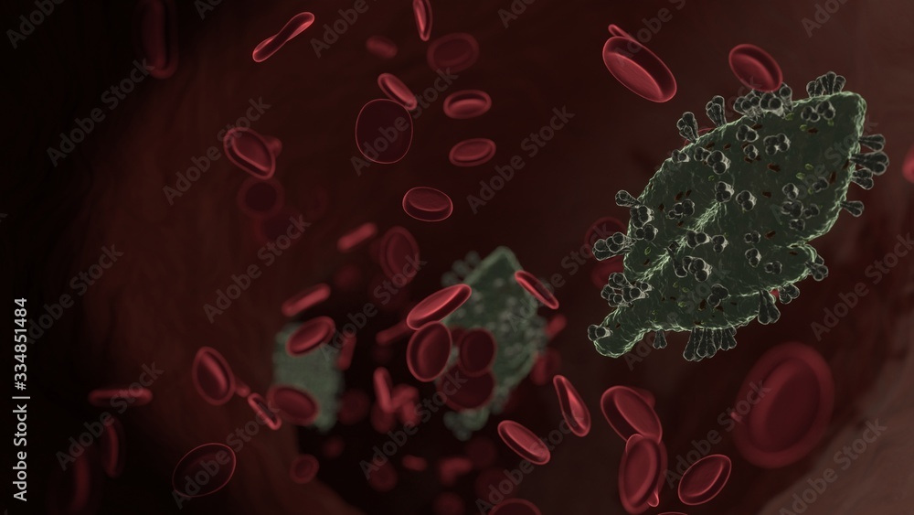 Poster microscopic 3d rendering view of virus shaped as symbol of feather inside vein with red blood cells