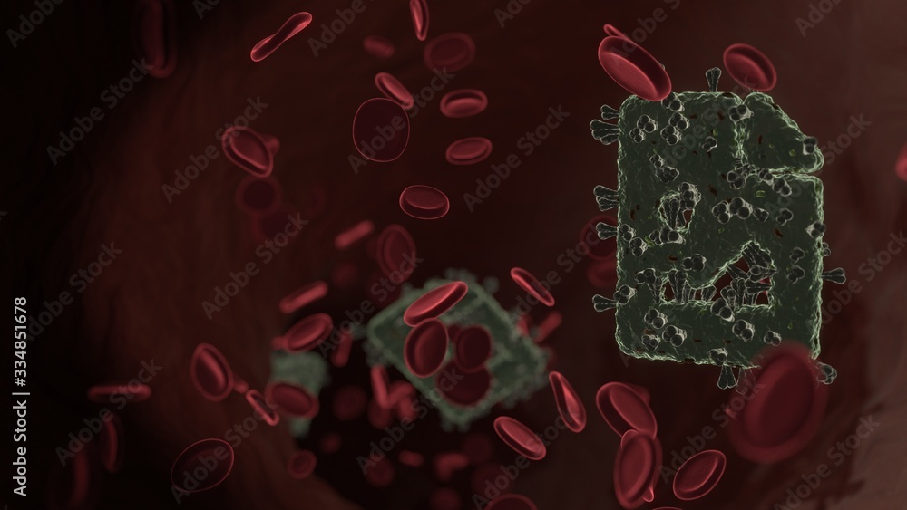 Poster microscopic 3d rendering view of virus shaped as symbol of file image inside vein with red blood cel