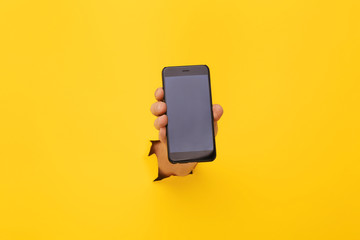 Copy space on the smartphone screen, in trendy yellow color.