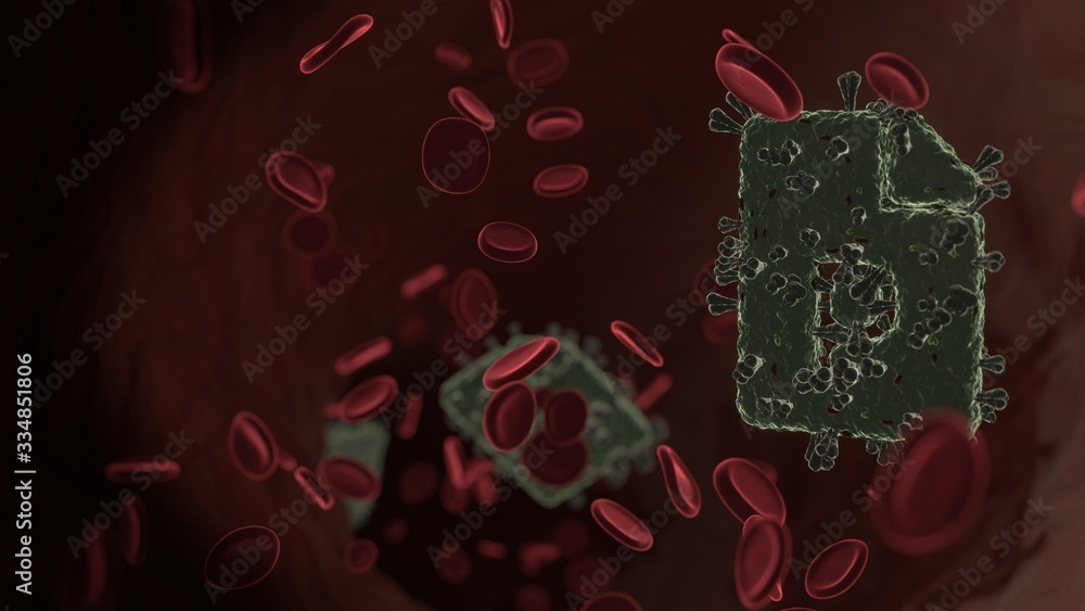 Poster microscopic 3d rendering view of virus shaped as symbol of file powerpoint inside vein with red bloo
