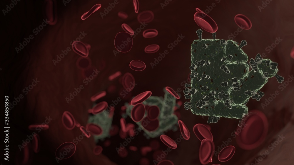 Poster microscopic 3d rendering view of virus shaped as symbol of file signature inside vein with red blood