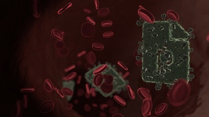 microscopic 3D rendering view of virus shaped as symbol of file PowerPoint inside vein with red blood cells