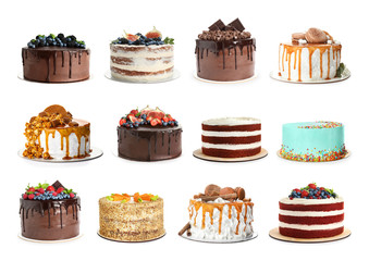 Set of different delicious cakes isolated on white