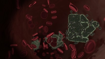 microscopic 3D rendering view of virus shaped as symbol of file signature inside vein with red blood cells
