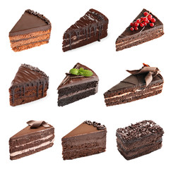 Set with different chocolate cake pieces isolated on white