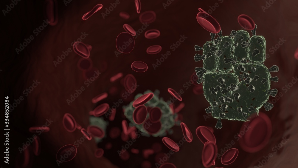Poster microscopic 3d rendering view of virus shaped as symbol of fist raised inside vein with red blood ce
