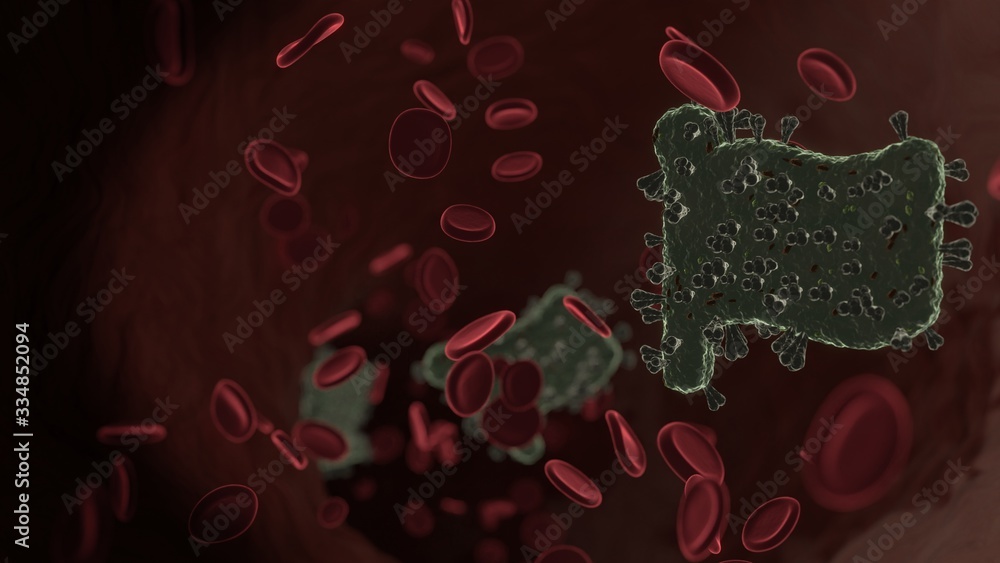 Poster microscopic 3d rendering view of virus shaped as symbol of flag inside vein with red blood cells
