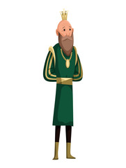 Cartoon tall king wearing crown and mantle. King standing. Color vector illustration