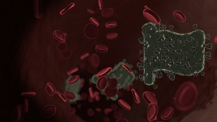 microscopic 3D rendering view of virus shaped as symbol of flag inside vein with red blood cells