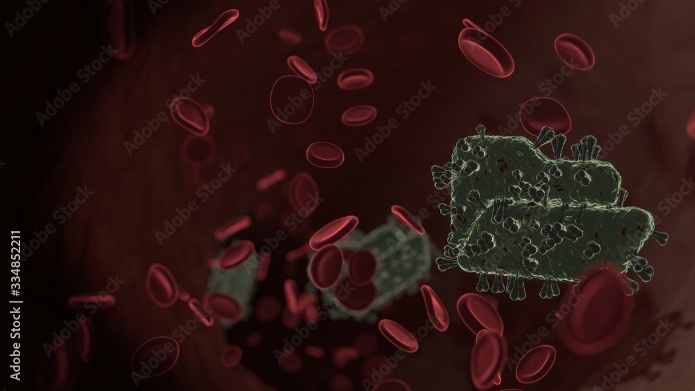 Poster microscopic 3d rendering view of virus shaped as symbol of folder open inside vein with red blood ce