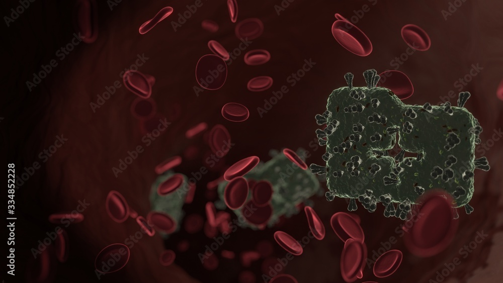 Poster microscopic 3d rendering view of virus shaped as symbol of folder plus inside vein with red blood ce