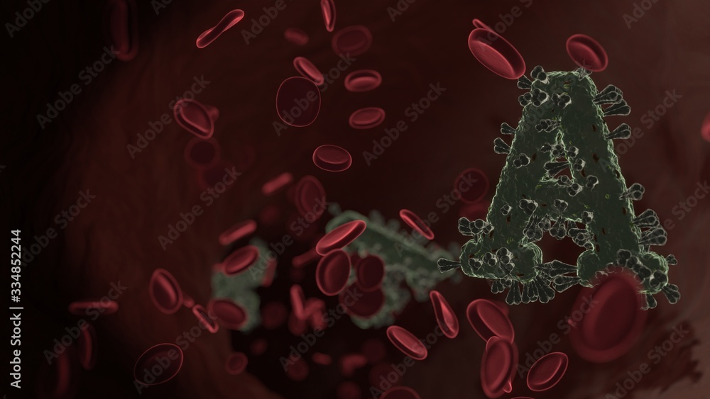 Poster microscopic 3d rendering view of virus shaped as symbol of font inside vein with red blood cells