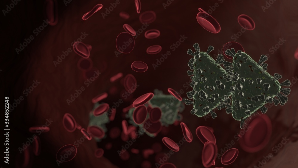 Poster microscopic 3d rendering view of virus shaped as symbol of forward inside vein with red blood cells