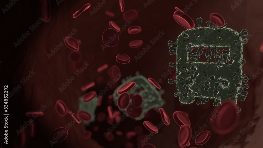 Poster microscopic 3d rendering view of virus shaped as symbol of front bus inside vein with red blood cell