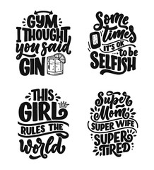 Set with funny hand drawn lettering compositions. Cool phrases for print and poster design. Inspirational feminism slogans. Girl power quotes. Greeting card template. Vector