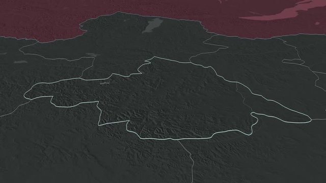 Arhangay, province with its capital, zoomed and extruded on the administrative map of Mongolia in the conformal Stereographic projection. Animation 3D