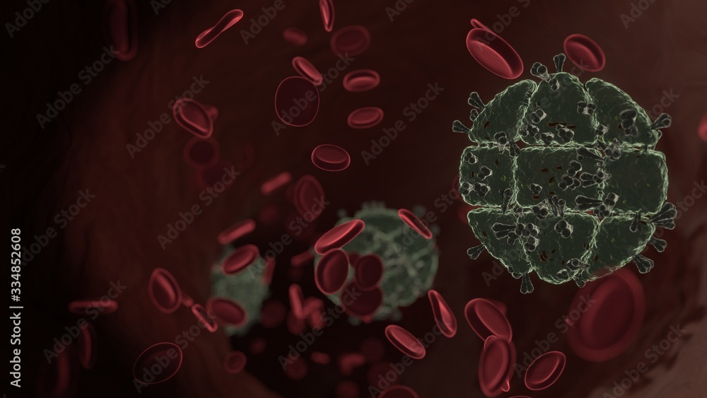 Poster microscopic 3d rendering view of virus shaped as symbol of globe inside vein with red blood cells